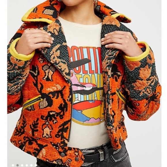 Free People Mosaic printed Boxy Moto Jacket in Orange - Picture 1 of 8